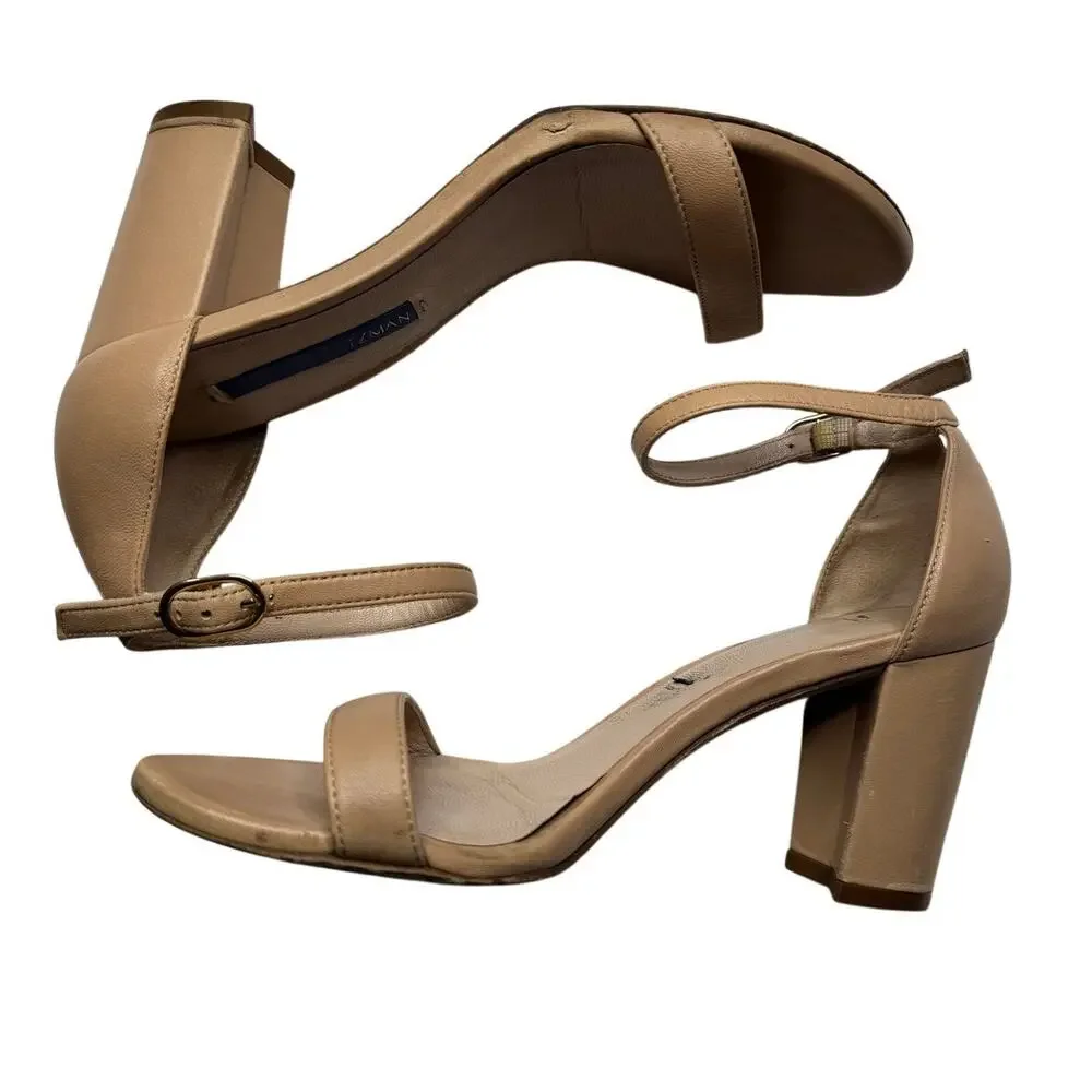 Stuart Weitzman Nude Leather Ankle Strap Block Heel Sandals 6 Flawed